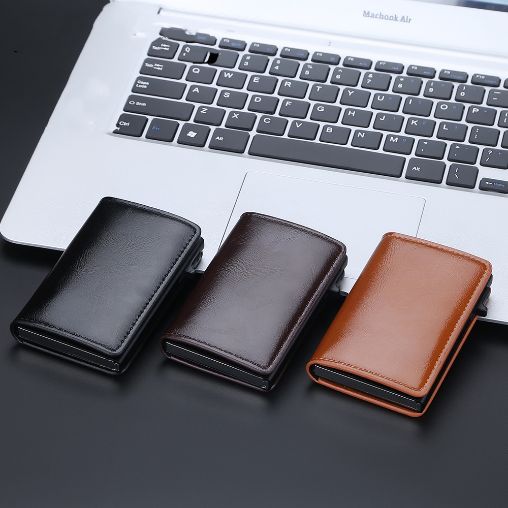 Stylish Anti-Magnetic Side Push Aluminum Box Card Holder in Oil Wax Leather for Men