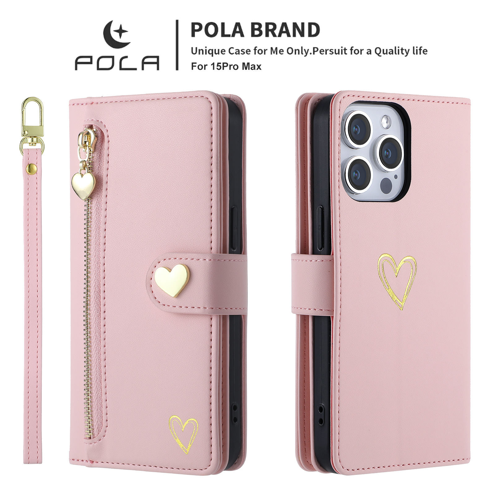 Women's Gilded Heart Multi-Card Zipper Phone Case – Stylish & Functional