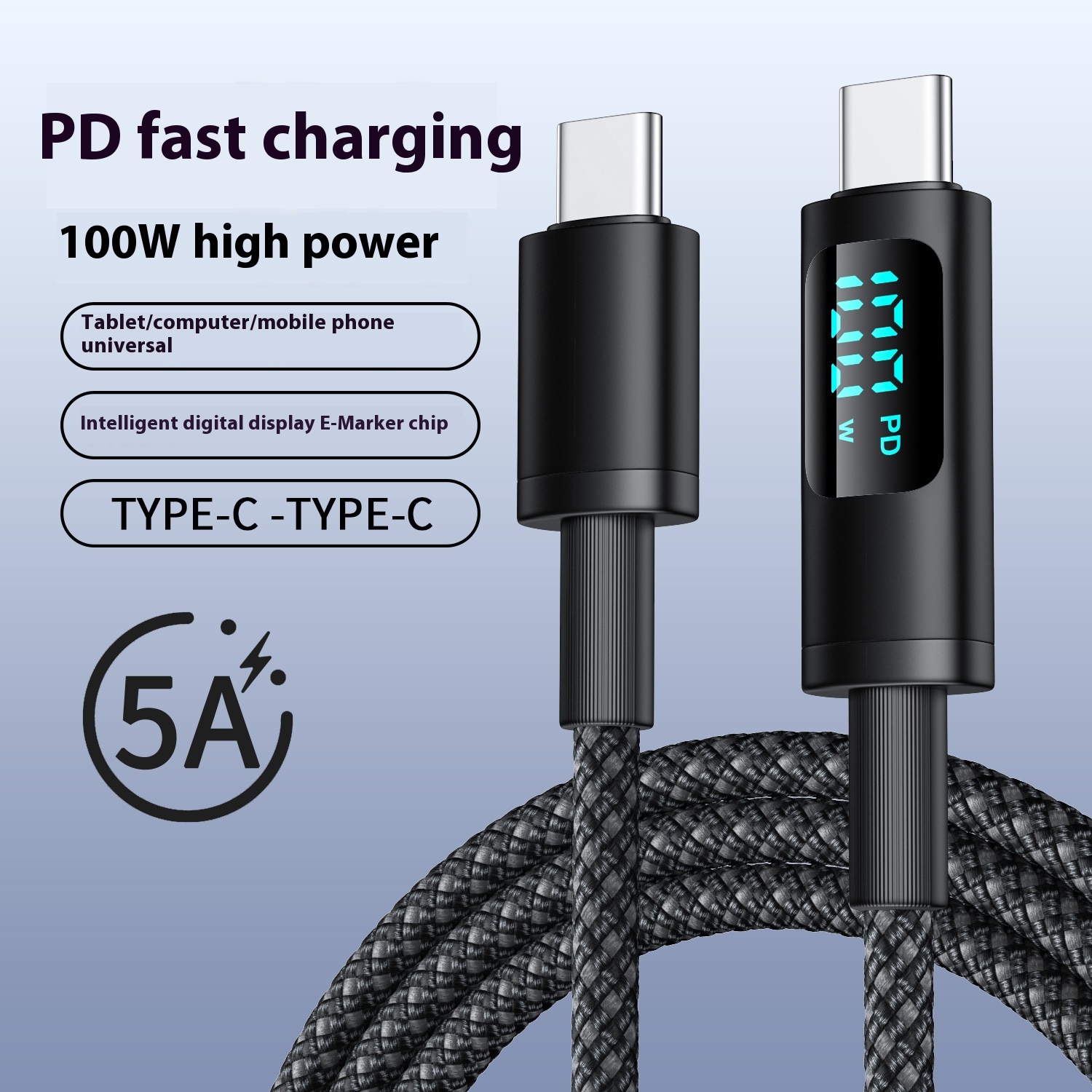 Digital Display Double Type-C Fast Charging Data Cable for Mobile Phones