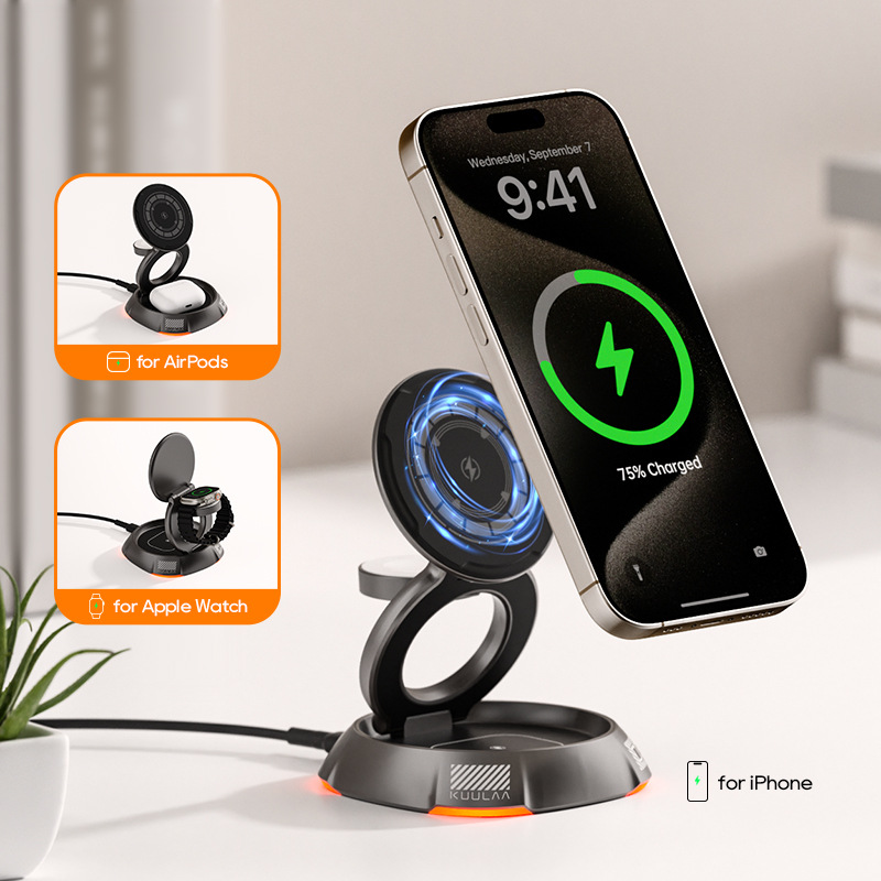 Three-in-One Magnetic Rotating Wireless Charger for Mobile Phone, Watch & Headset