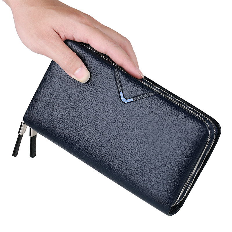 Premium Cowhide Zipper Business Clutch - Spacious Design for Mobile Phones
