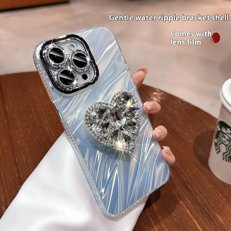 Rhinestone Love Bracket Phone Case with Lens Protector - Stylish & Durable