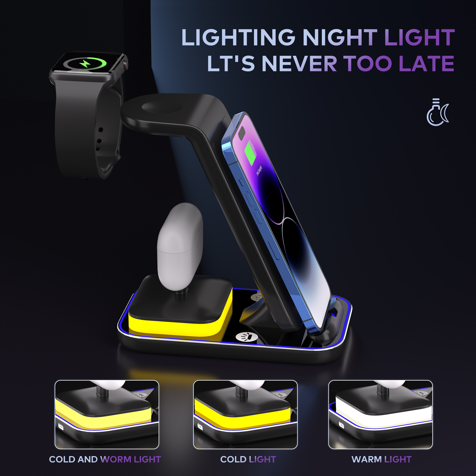 15W Fast Charge Vertical Wireless Charger for Mobile Phones, Watches, and Headsets