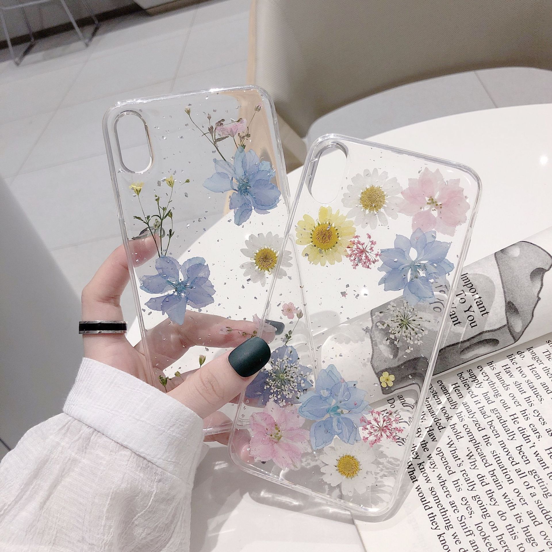 Glittery Real Dry Pressed Flower Phone Case - Transparent Silicone Cover