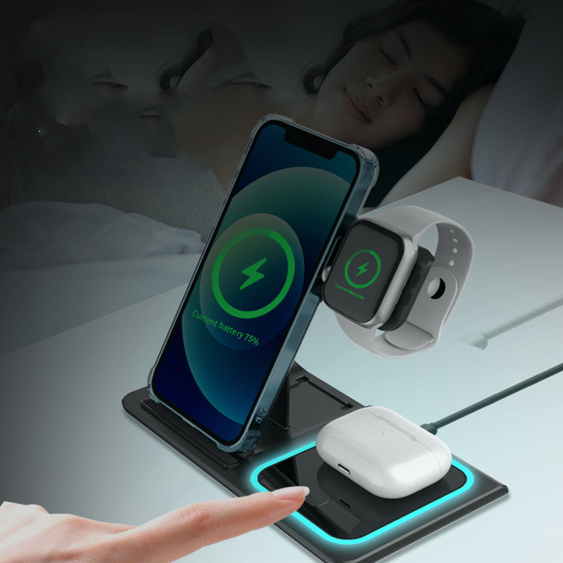 Three-in-One Wireless Charger with Foldable Design, Double Wire, and Ambient Light for Mobile Phones