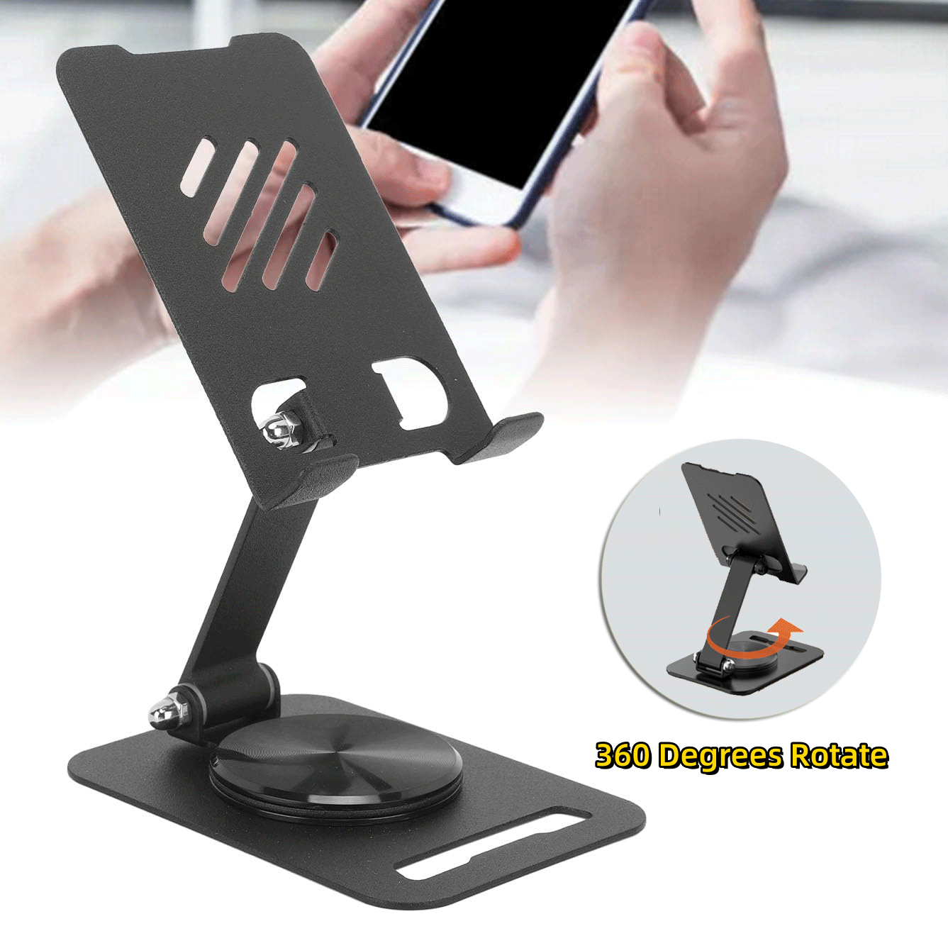 360-Degree Rotating Metal Desk Mobile Phone Holder Stand for Tablets & Phones - Adjustable Desktop Cell Phone Stand