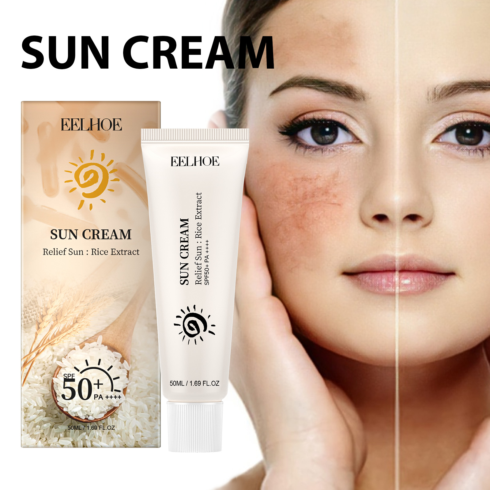 EELHOE Rice Protective Cream: Hydrating, Refreshing, Non-Greasy UV Protection & Sunburn Prevention, Boosts Skin Elasticity