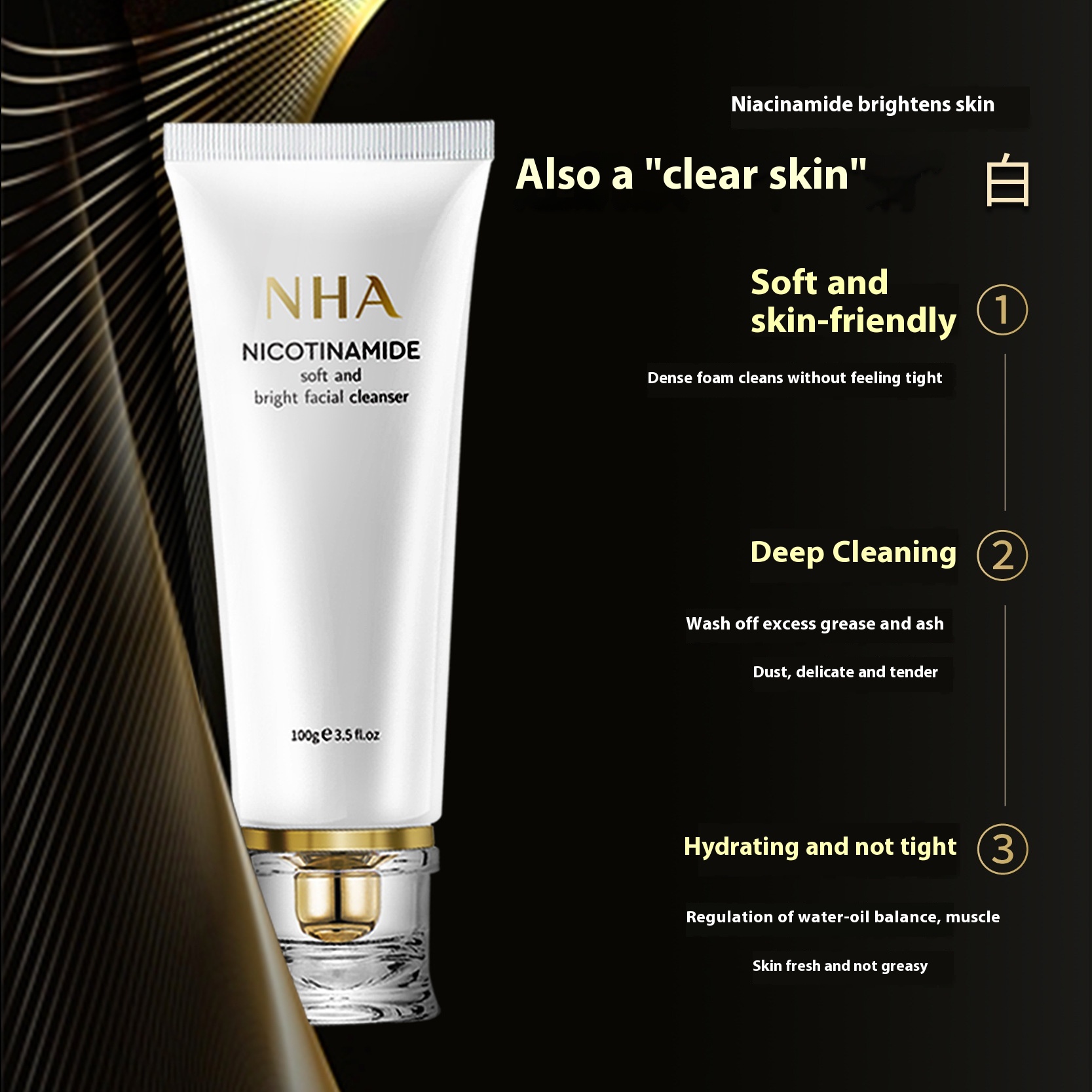 Nicotinamide Soft Transparent Foam Facial Cleanser for Balanced Water and Oil, Deep Cleansing Without Tightness