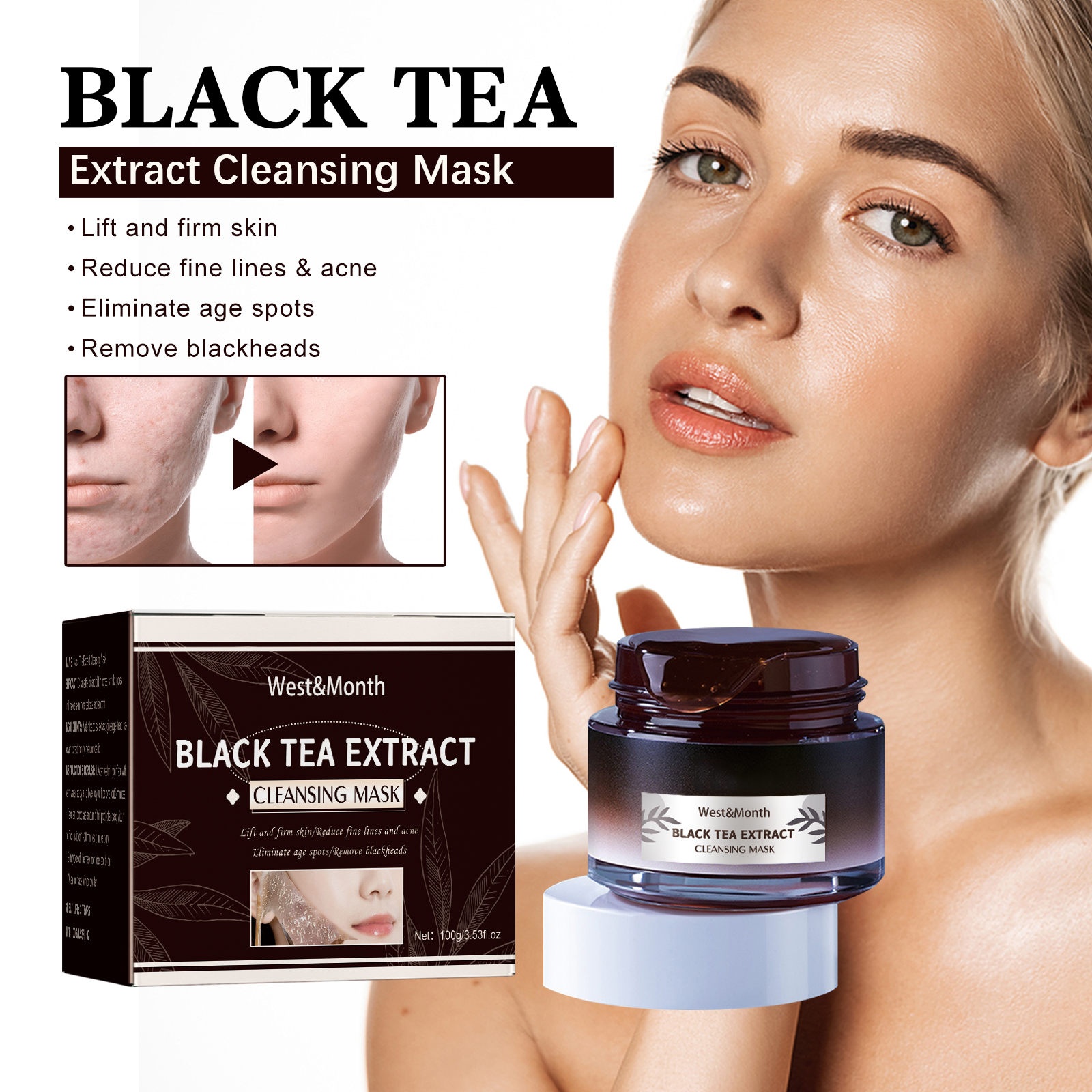 West&Month Black Tea Mask - Deep Cleansing, Pore Refining, Brightening & Rejuvenating Skin Application Mask