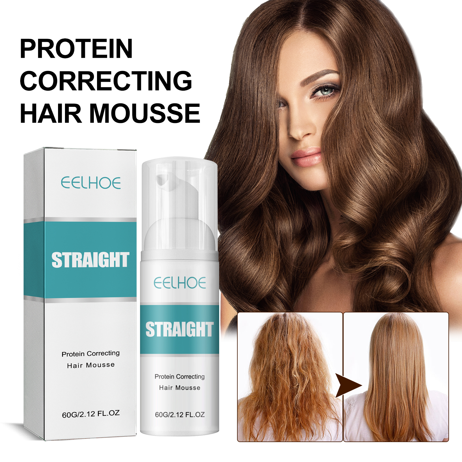 EELHOE Hair Straightening Mousse & Smoothing Conditioner - Frizz Control, Split End Repair, and Leave-In Treatment for Damaged Hair