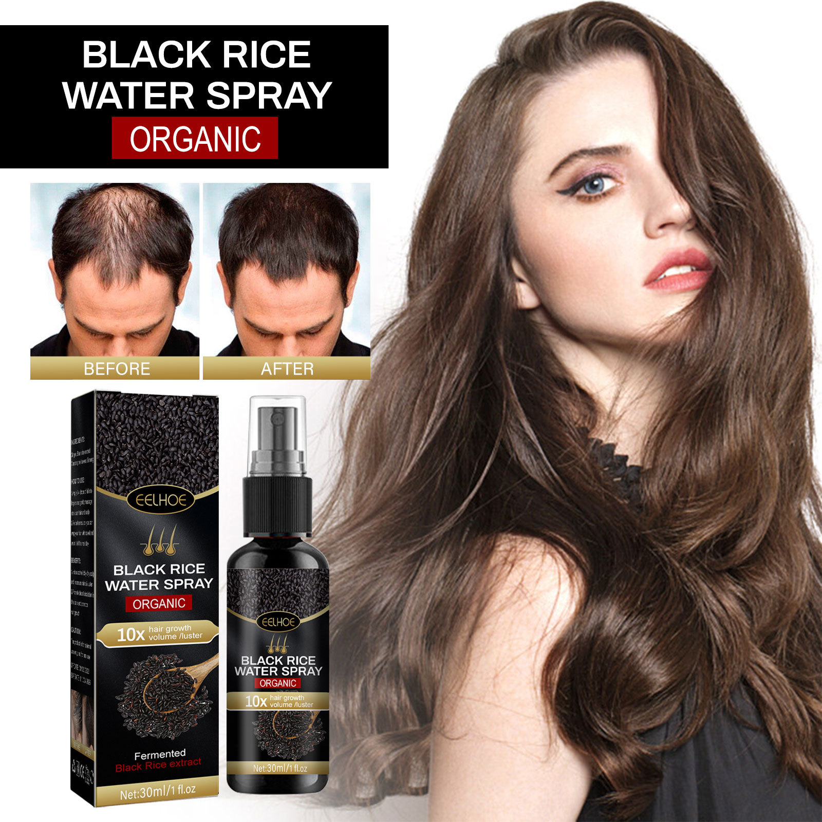 EELHOE Black Rice Hair Spray - Strengthening, Moisturizing & Repairing for Dense Hair Growth and Smoother Roots