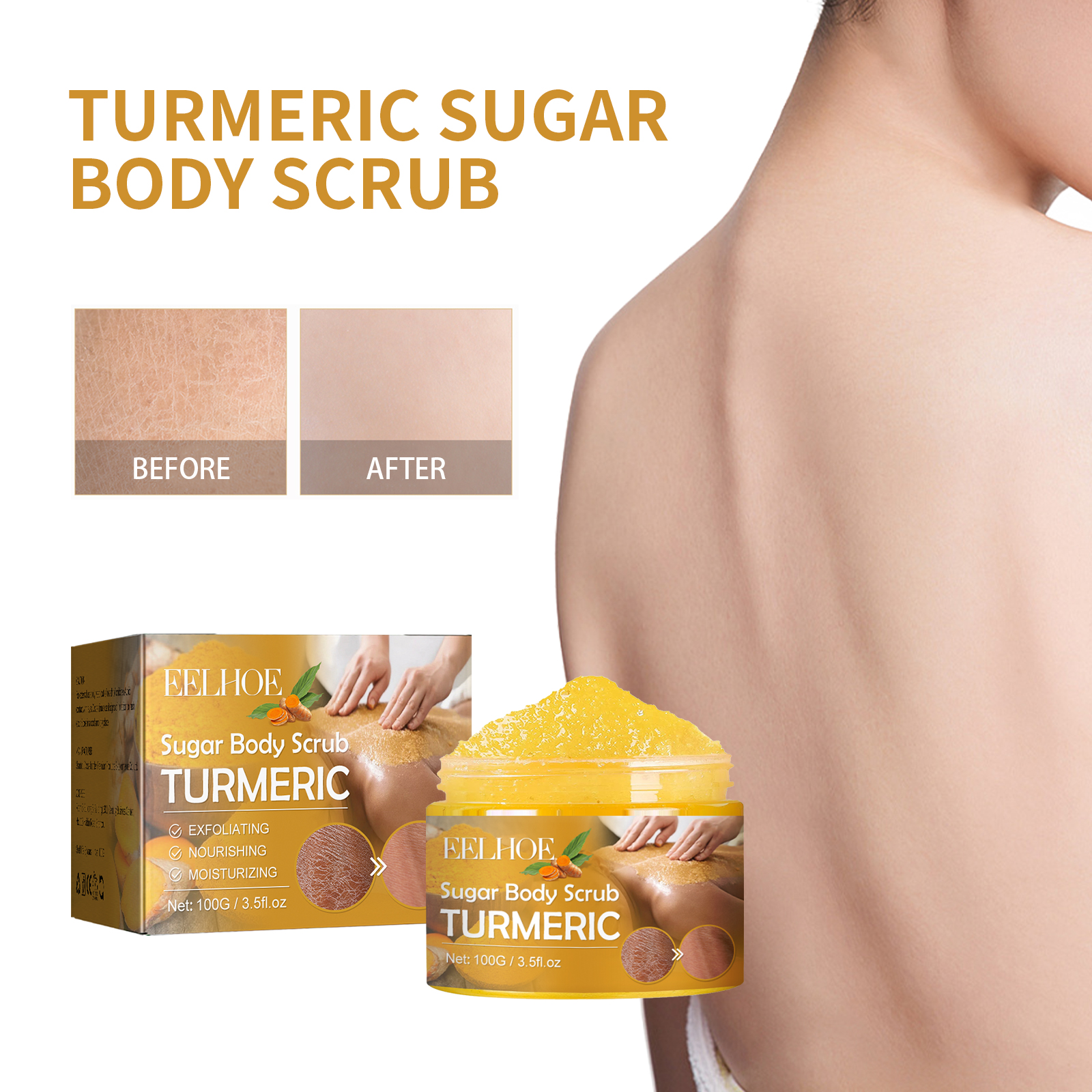 EELHOE Turmeric Body Scrub - Lighten Acne Marks, Moisturize & Exfoliate for Refreshing, Smooth Skin