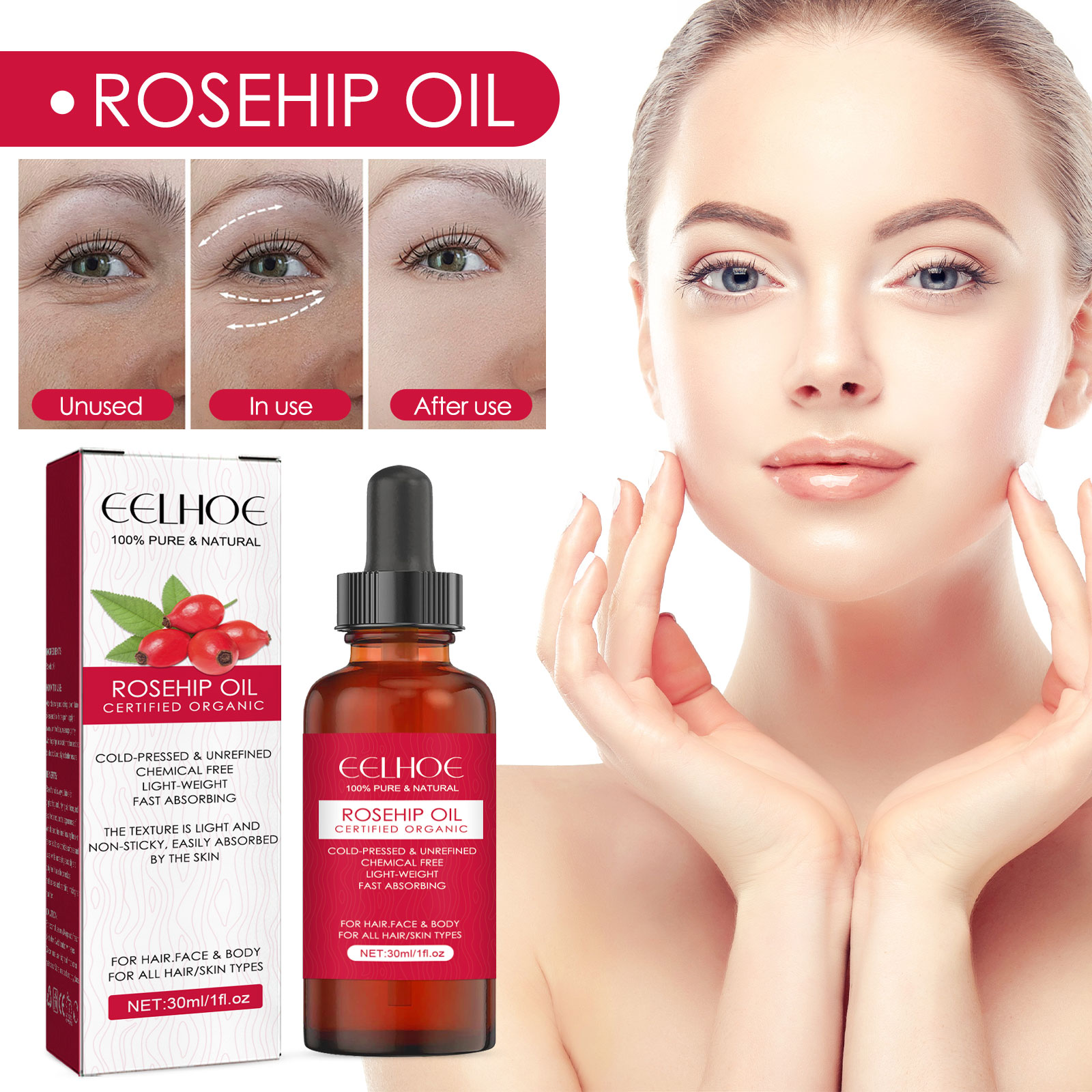 EELHOE Rosehip Facial Oil: Ultimate Hydration for Face & Body, Nourishing Skin Care, Smooth Hair Treatment, and Massage Oil