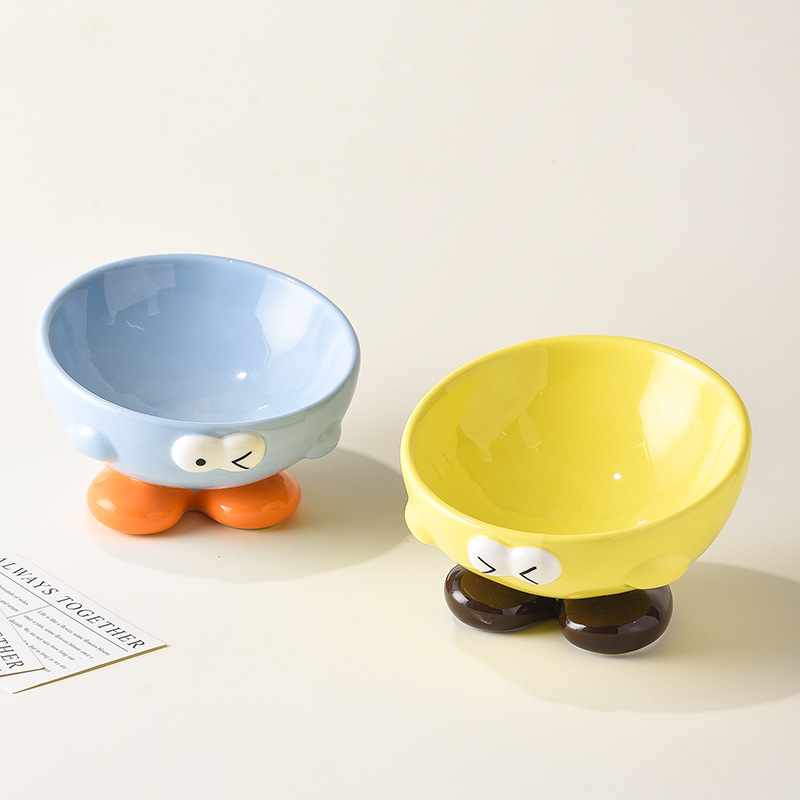 Adorable Oblique Ceramic Pet Bowl - Tall Cat & Dog Food Basin for Cervical Spine Protection