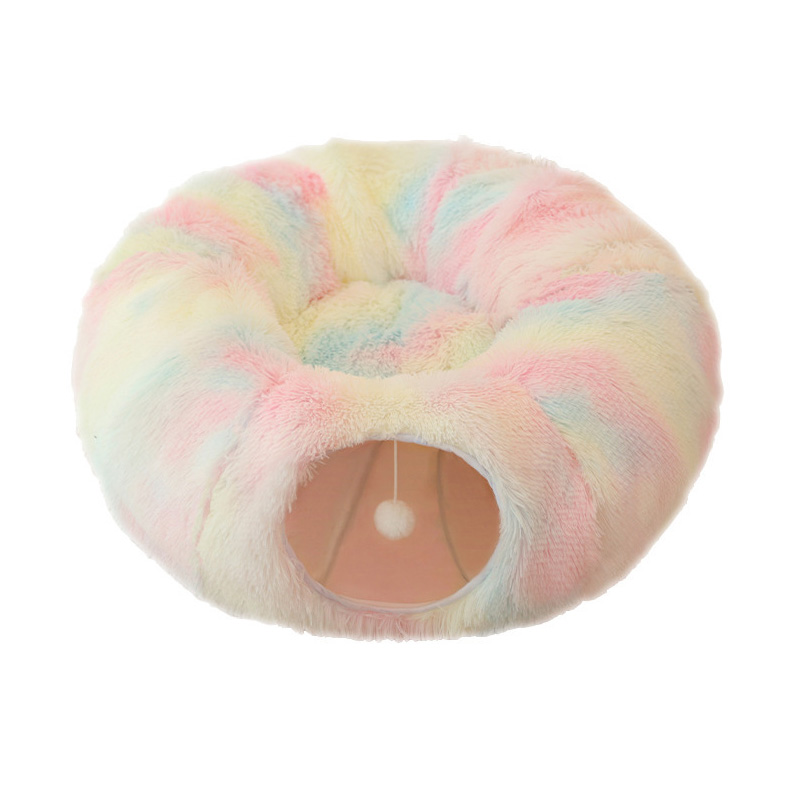 Cozy Plush Cat Bed with Tunnel for Indoor Cats - Collapsible Donut Cave, Non-slip Kitten Nest & Play Space, Ideal Pet Supplies