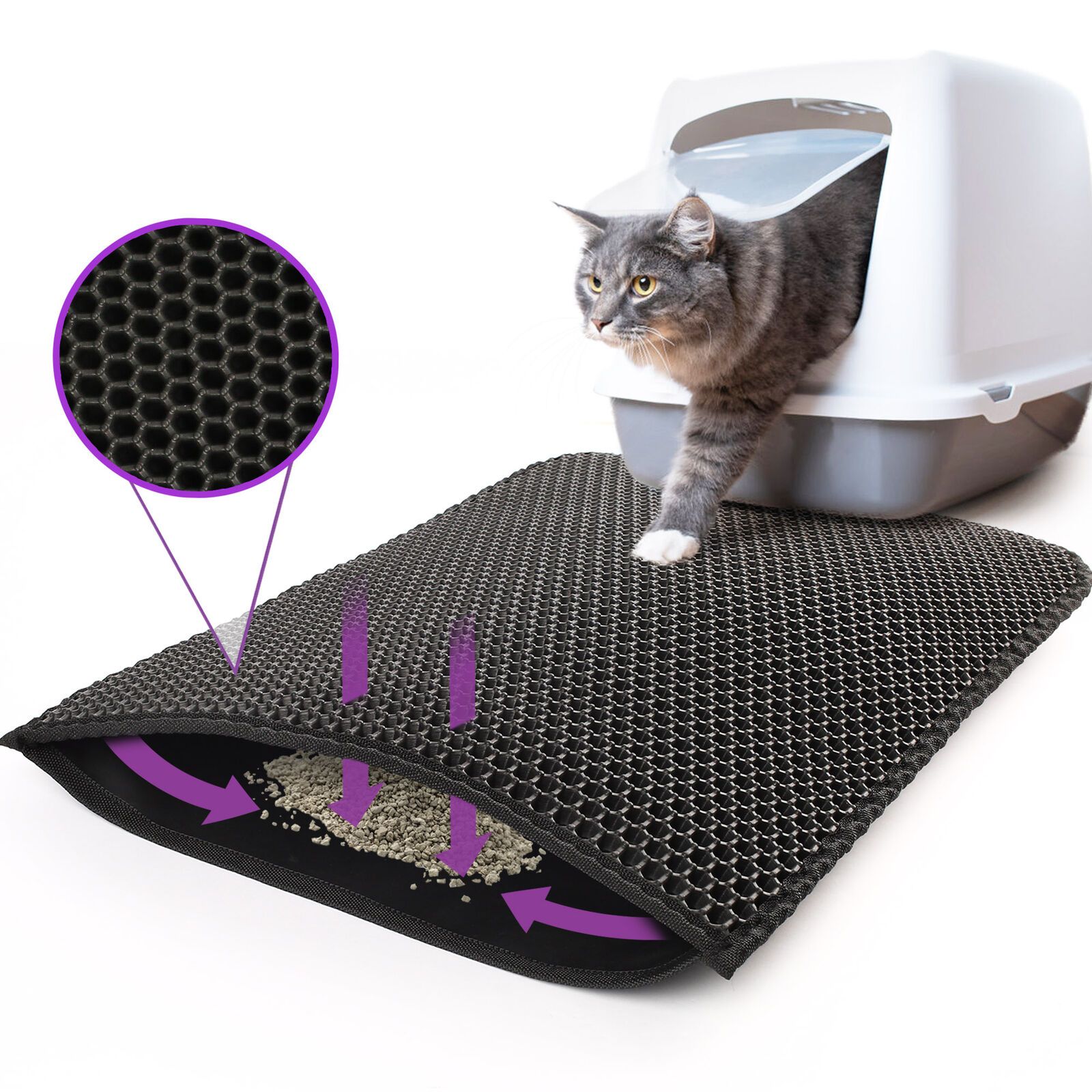 Kitty Cat Litter Mat with Honeycomb Double Layer Design - Waterproof, Non-Slip, and Washable EVA Litter Pad for Cats and Dogs