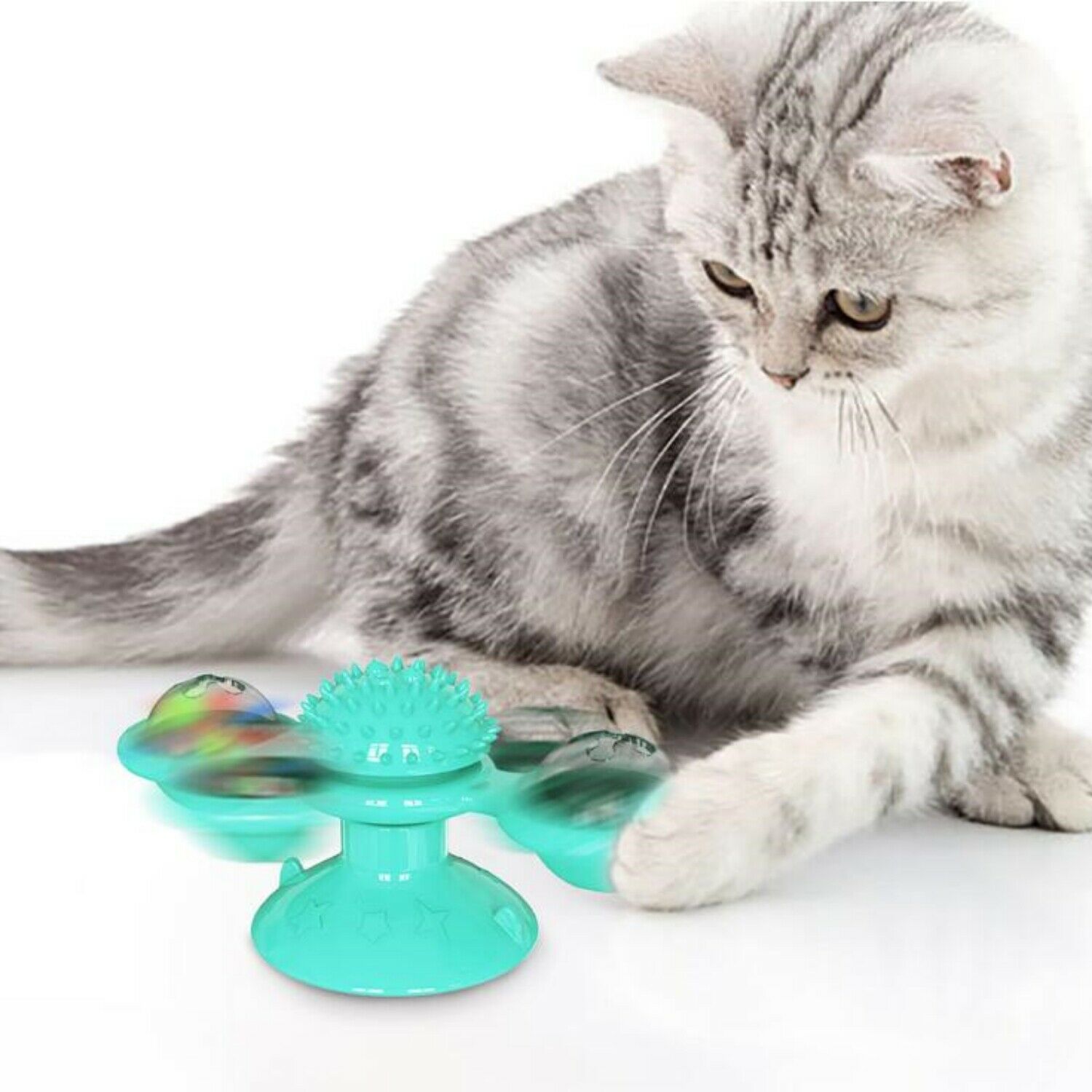 Interactive Windmill Cat Toy - Cute Rotating Indoor Cat Toy with Suction Cup, Catnip, and Jagged Teeth Ball for Smart Kittens - Exercise Spinner, Toothbrush & Massager