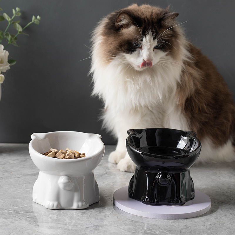 Adorable Ceramic Black High Foot Cat Bowl - Perfect Pet Supplies