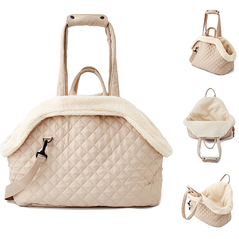 Korean Style Quilted Pet Carrier Bag - Autumn & Winter Rhombus Design for Cats & Teddy Travel, Portable Single-Shoulder Bag