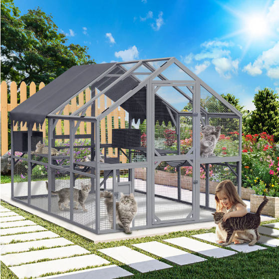 Large Outdoor Cat House & Enclosures - 110" Waterproof Kitten Playpen with Platforms - Grey Upgrade