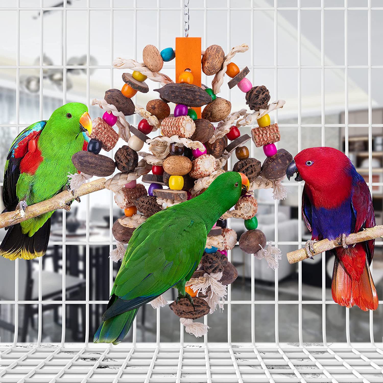 Large Parrots Enjoying Fun Toy Fruit Skewers for Nibbling Delight