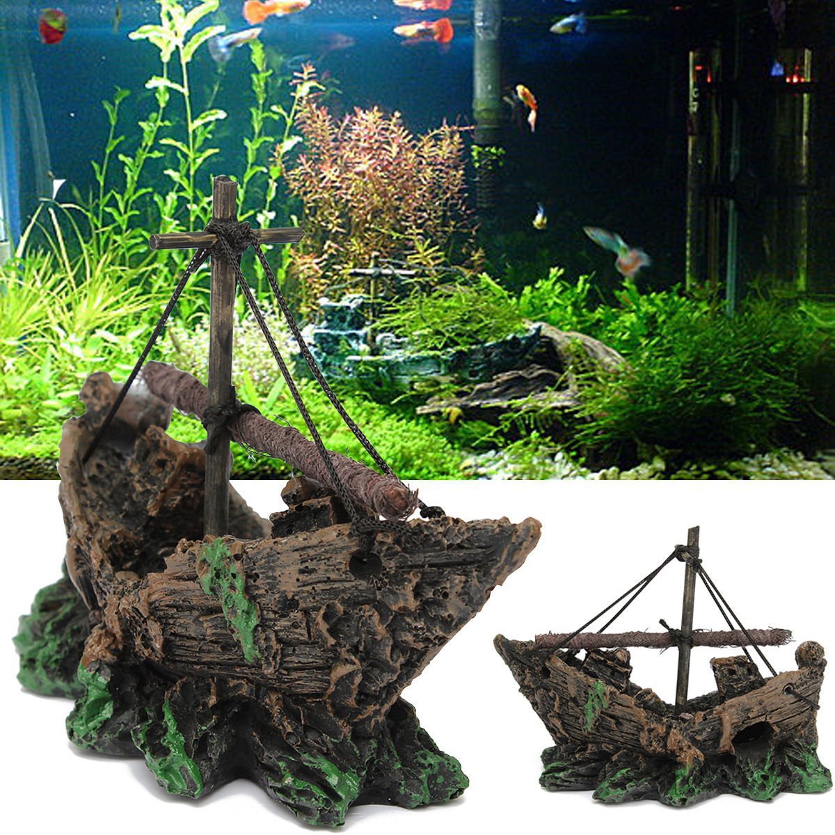 Aquarium Landscape Glass Decoration - Small Net Boat for Fish Tanks