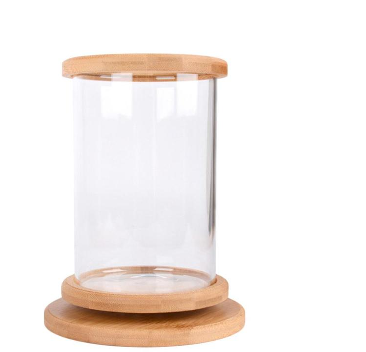 Mini Fish Tank Decoration with Bamboo Base - Small Office Glass Aquarium Bowl