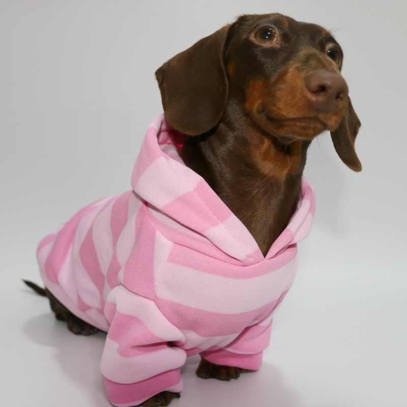Cozy Pet Autumn & Winter Lightweight Velvet Pink Striped Hooded Sweater