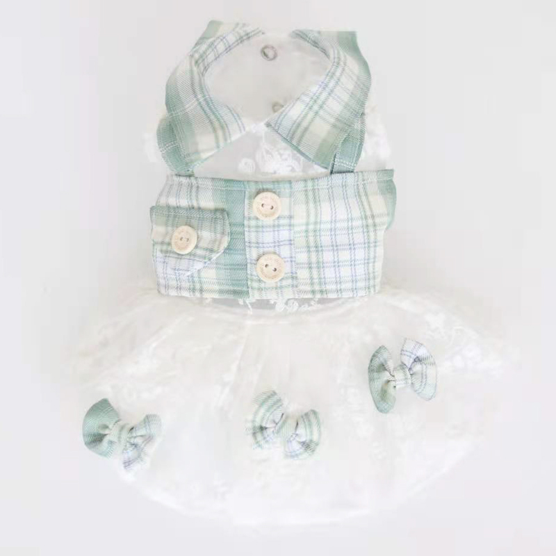 Mint Green Small Plaid Dog Clothes - Stylish Fake Two-Piece Dress