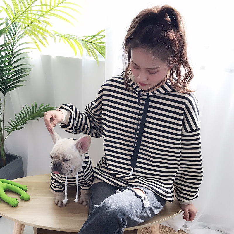 Cozy Autumn and Winter Plush Hooded Dog Clothing - Parent-Child Striped T-Shirt