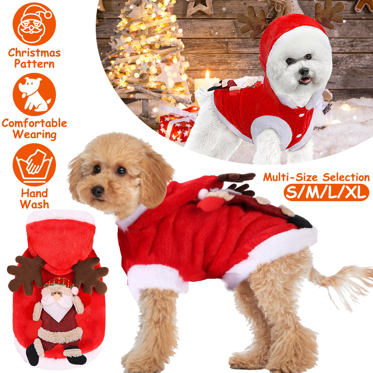 1Pc Pet Christmas Outfit - Santa Claus Reindeer Antlers Costume for Small & Medium Dogs and Cats - Winter New Year Coat