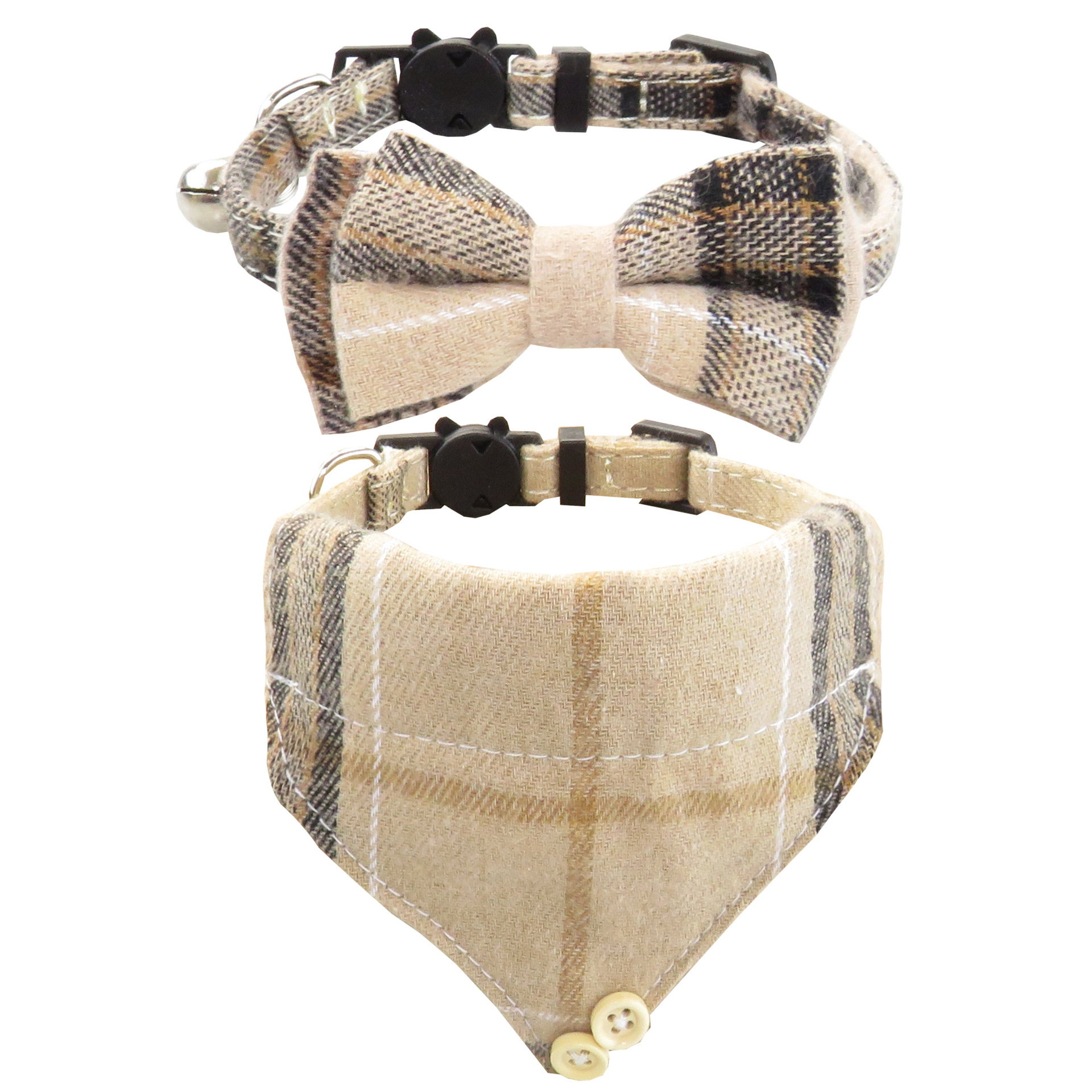 Classic Plaid Bow Tie Cat Collar Bandana - Adjustable Breakaway Pet Collar with Scarf and Bowtie Necklace
