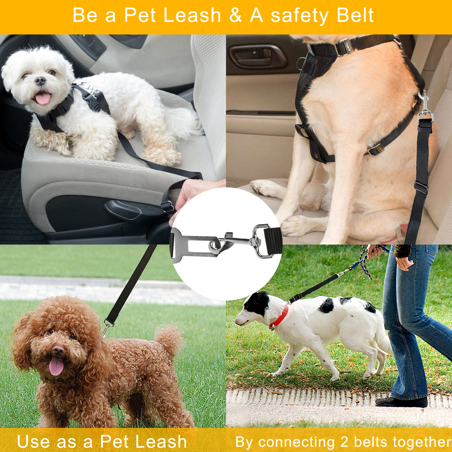 2Pcs Adjustable Pet Dog Seat Belt Leash - Safety Harness for Dogs & Cats, Nylon Fabric Car Seatbelt Strap