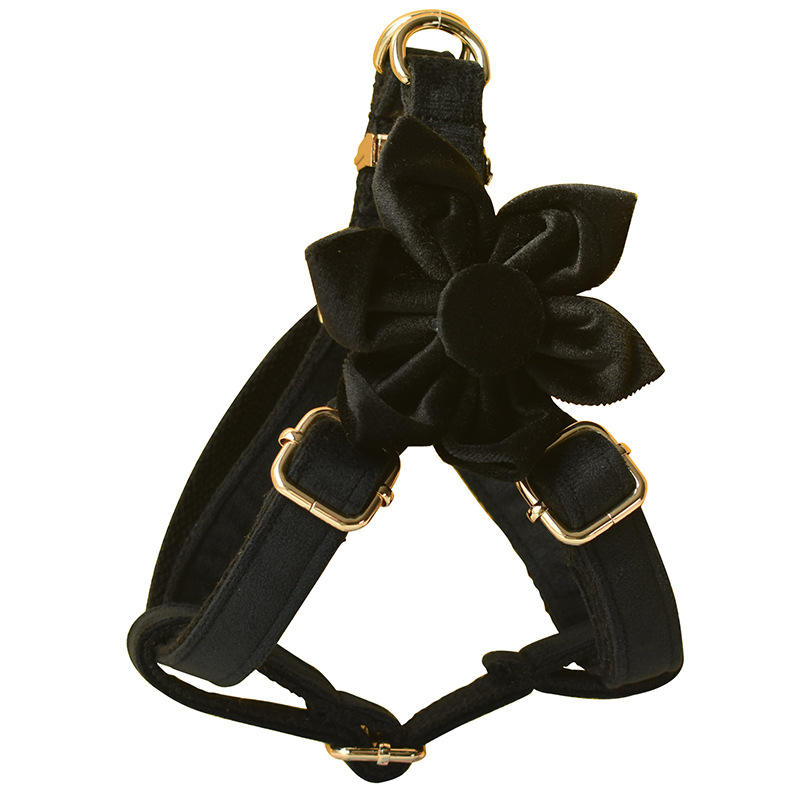 Black Flannel Dog Harness with Gold Buckle - Stylish Chest Harness for Pets