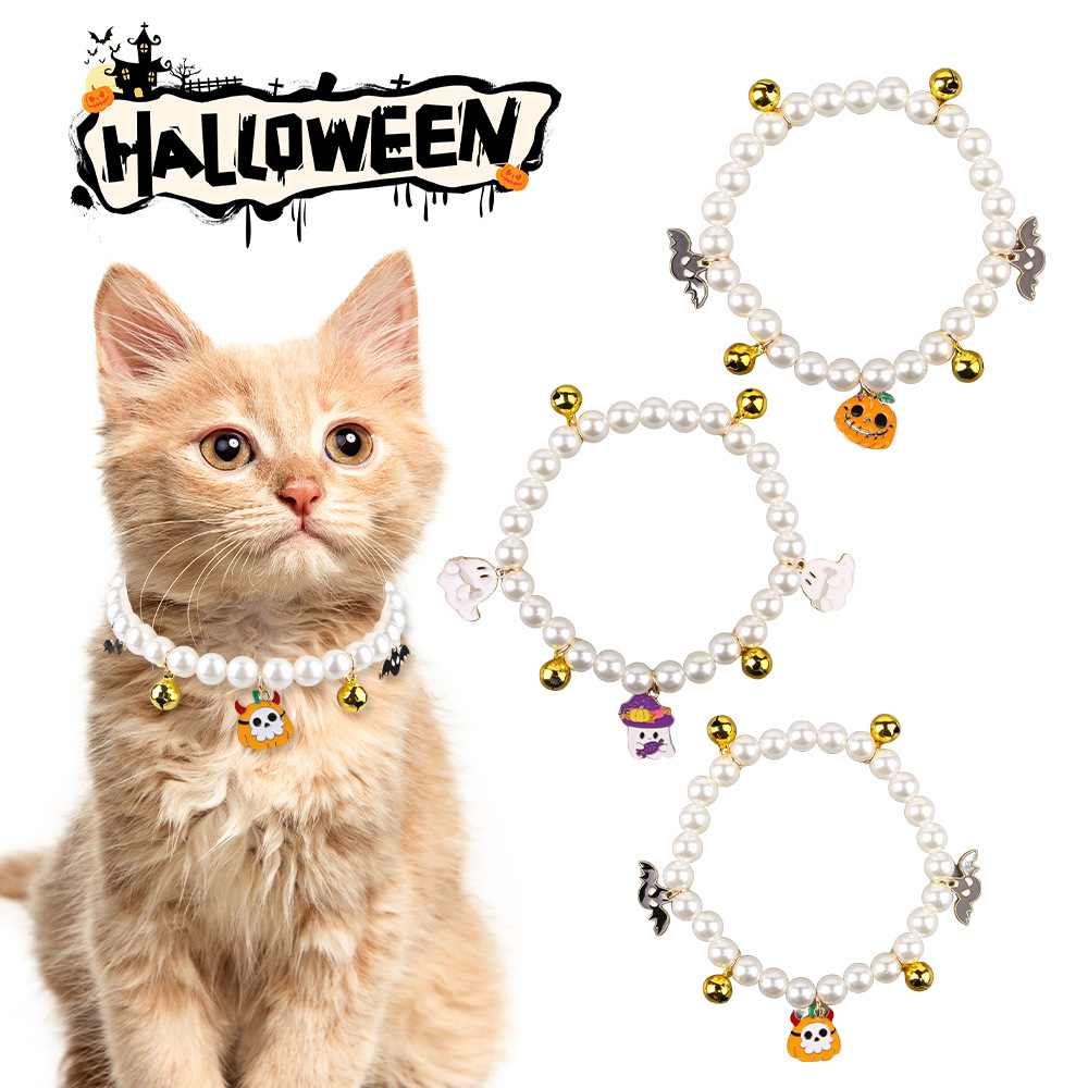 Pet Pearl Necklace - Halloween Cat Collar Decoration for Stylish Felines