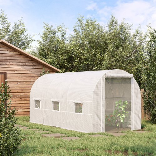 Outsunny 15' x 7' x 7' Walk-In Tunnel Greenhouse - Spacious Garden Hot House Kit with 6 Roll-Up Windows & Door, Durable Steel Frame, White