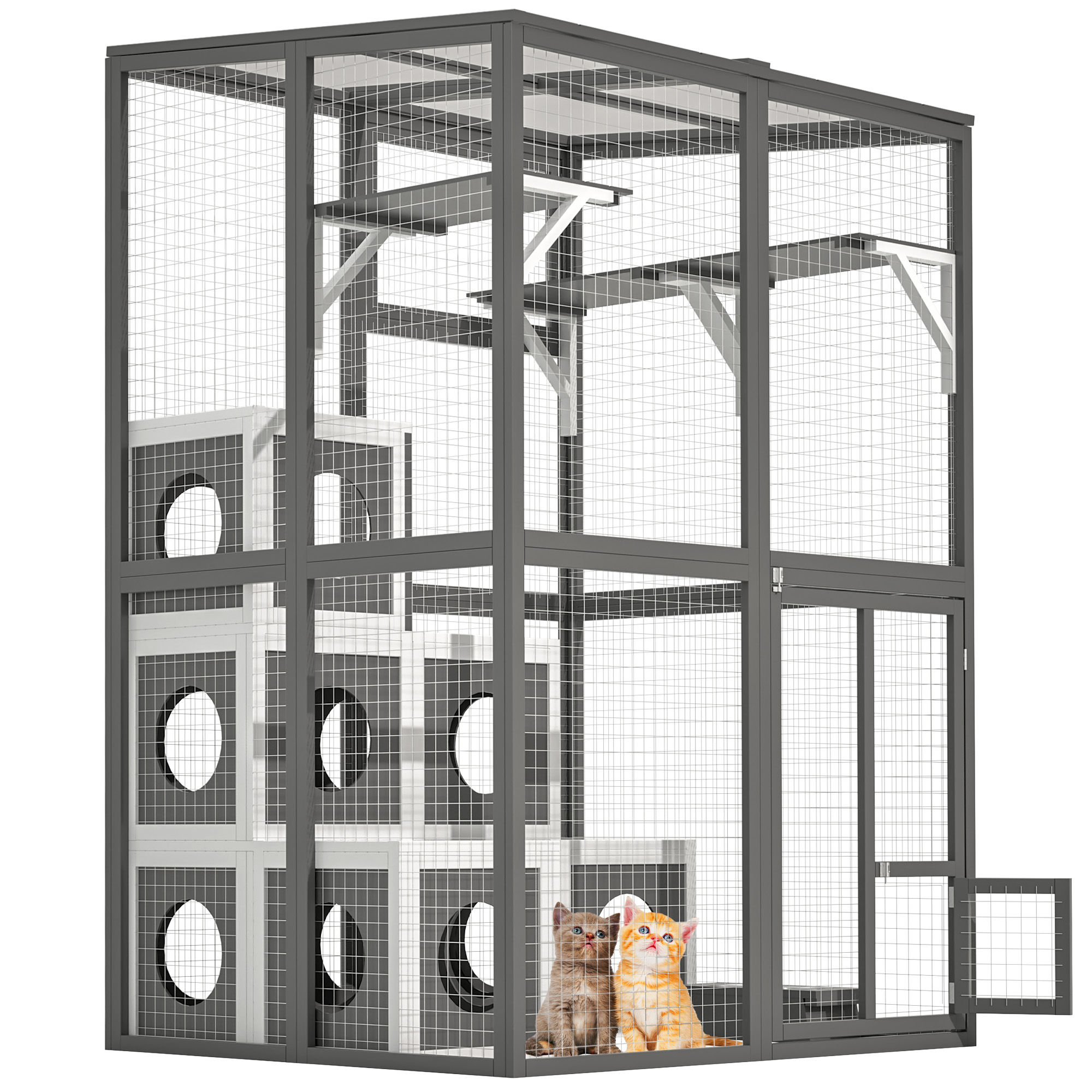 Spacious Outdoor Wooden Cat Catio - Large Solid Wood Playpen with 2 Jumping Platforms & 7 Cozy Napping Houses, Walk-in Cat Kennel Condo Shelter in Grey