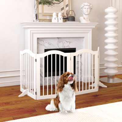 27.6" Tall Freestanding Pet Gate - 4 Panel Foldable Dog Gate in Solid Wood, Folding Safety Fence with 2 Support Feet - Perfect for Stairs, Doorways, Halls, and Kitchens, Heavy Duty Dog Gate