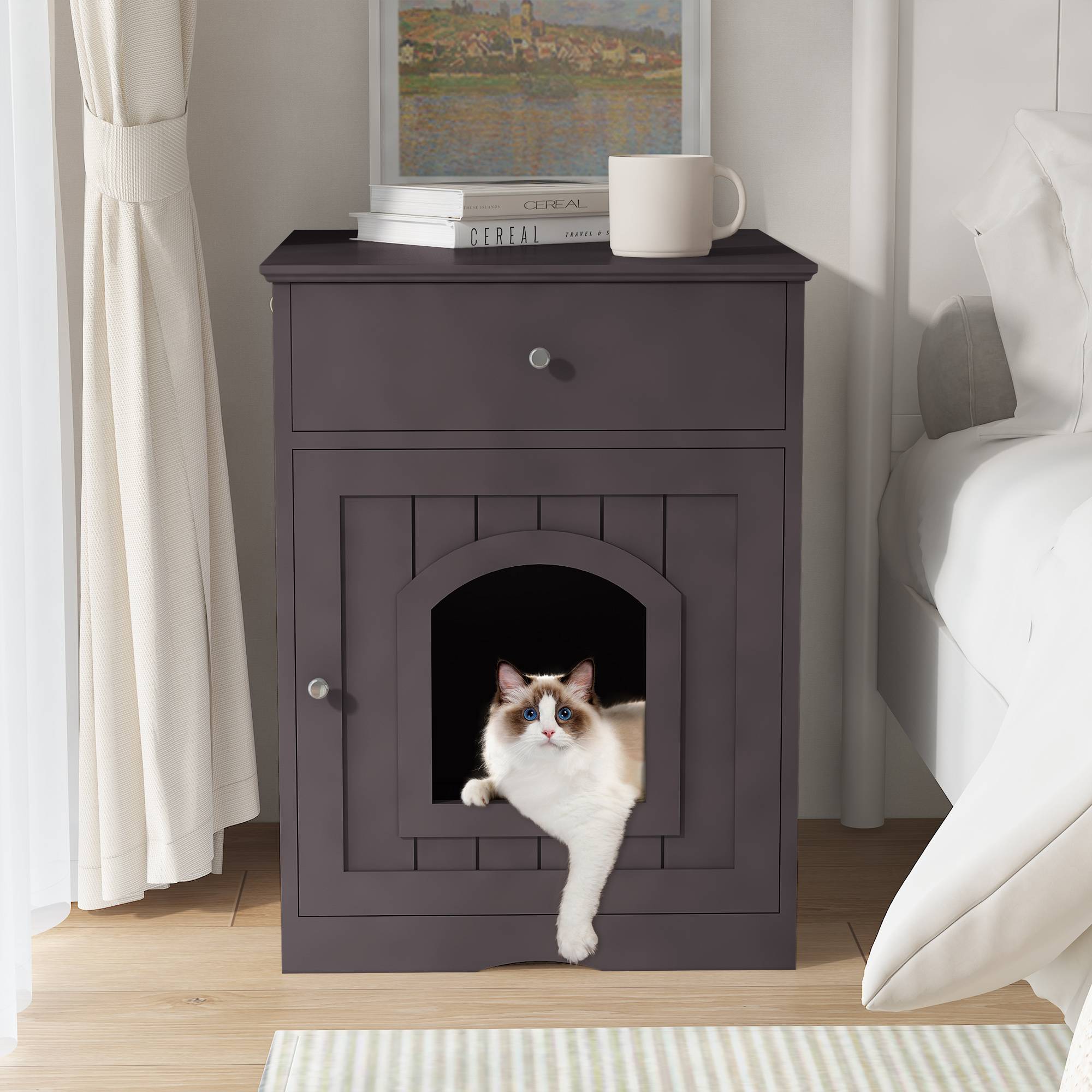 Stylish Wooden Pet House Cat Litter Box Enclosure with Drawer - Indoor Side Table Pet Crate