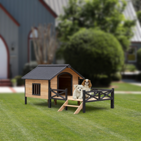 Spacious Outdoor Wooden Cabin Style Dog Kennel with Porch for Comfort