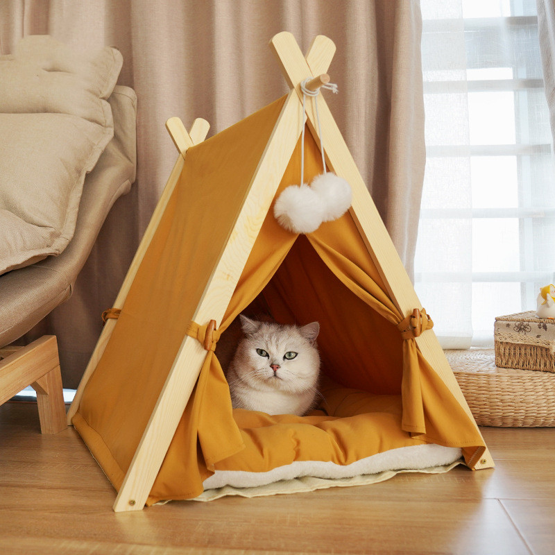 Removable & Washable Pet Tent for Cats - Striped Canvas & Solid Wood Design