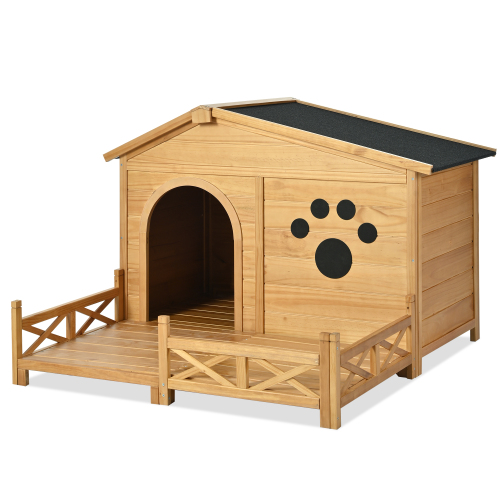 Medium 48" Wooden Dog House with Porch - Outdoor Dog Kennel, Water-Resistant Asphalt Roof & Fencing, Indoor & Outdoor Crate with Paw Print - Nature