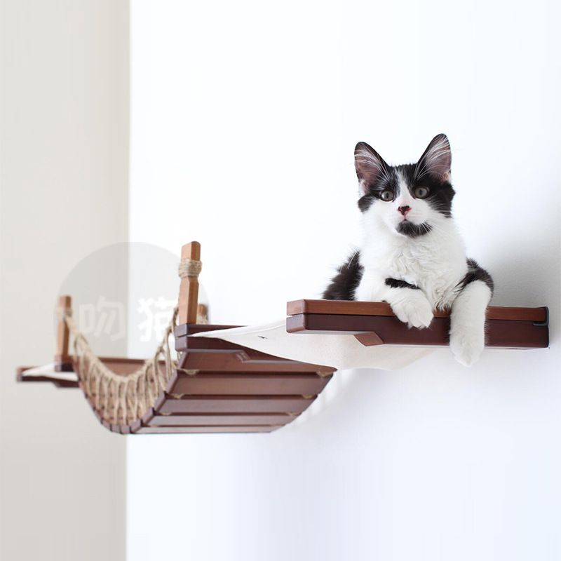 Cat Suspension Bridge Rope Ladder - Durable Hemp Rope Soft Ladder & Wooden Bridge for Wall Climbing | Solid Wood Cat Furniture with Accessories