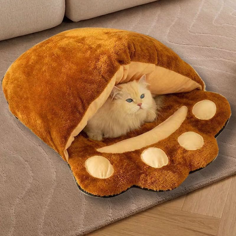 Cozy Winter Bear Paw Cat Bed - Thickened Semi-closed Nest for Cats & Dogs, Spacious Washable Sleeping Bag Pet Bed