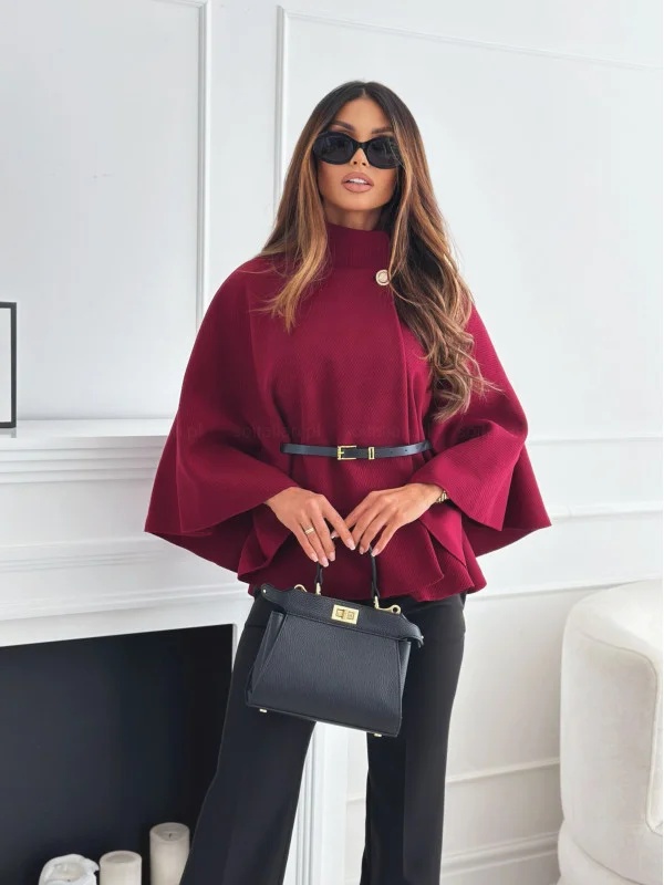 Stylish Stand Collar Batwing Sleeve Cloak Top with Belt - Women's Fashion Woolen Jacket & Sweater Outwear