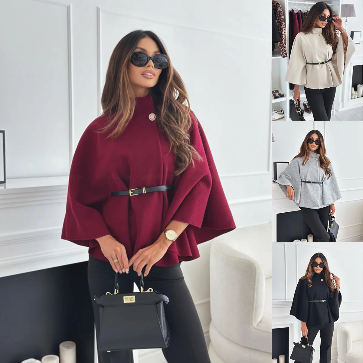 Stylish Stand Collar Batwing Sleeve Cloak Top with Belt - Women's Fashion Woolen Jacket & Sweater Outwear - Image 6