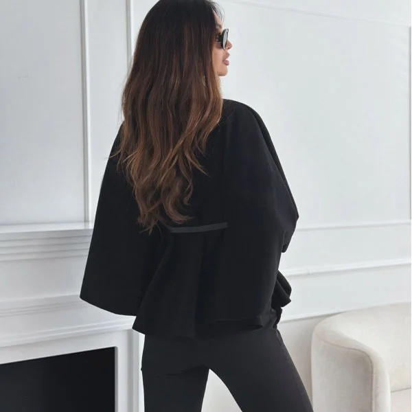 Stylish Stand Collar Batwing Sleeve Cloak Top with Belt - Women's Fashion Woolen Jacket & Sweater Outwear - Image 7