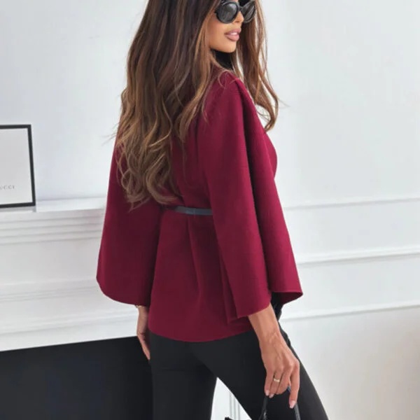 Stylish Stand Collar Batwing Sleeve Cloak Top with Belt - Women's Fashion Woolen Jacket & Sweater Outwear - Image 9