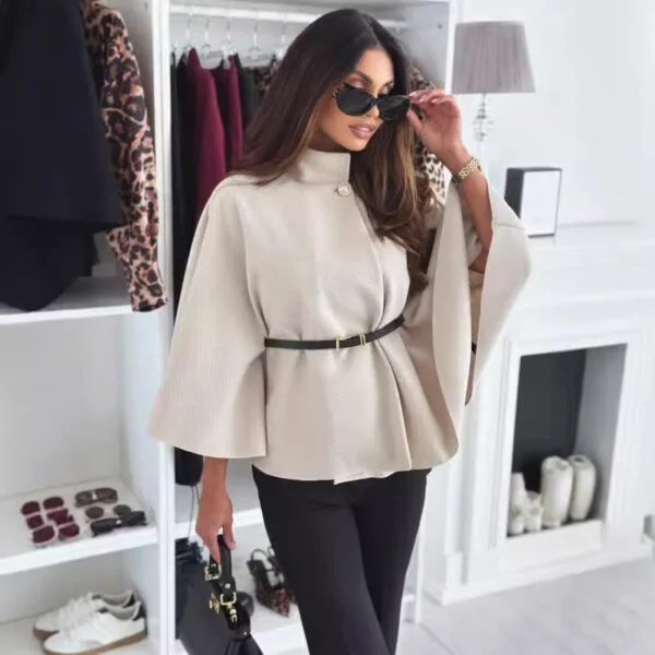 Stylish Stand Collar Batwing Sleeve Cloak Top with Belt - Women's Fashion Woolen Jacket & Sweater Outwear - Image 10