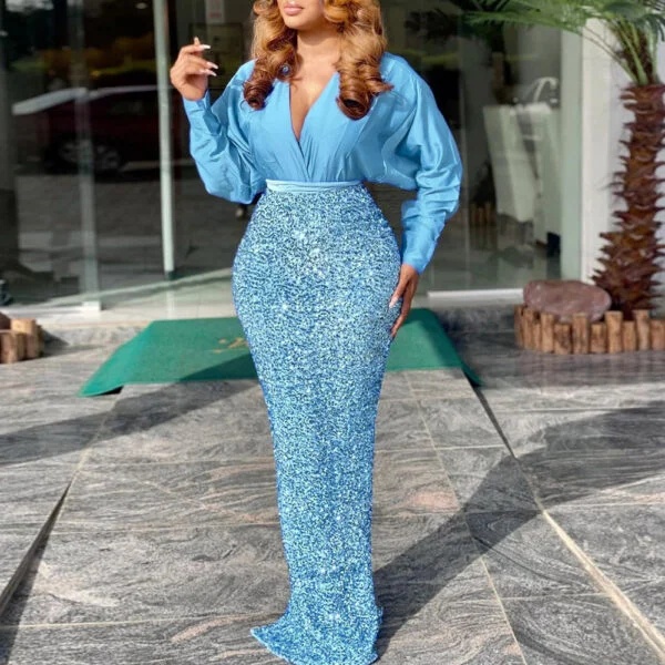 Stunning Sky Blue Evening Dress with Embroidered Beading - European & American Style